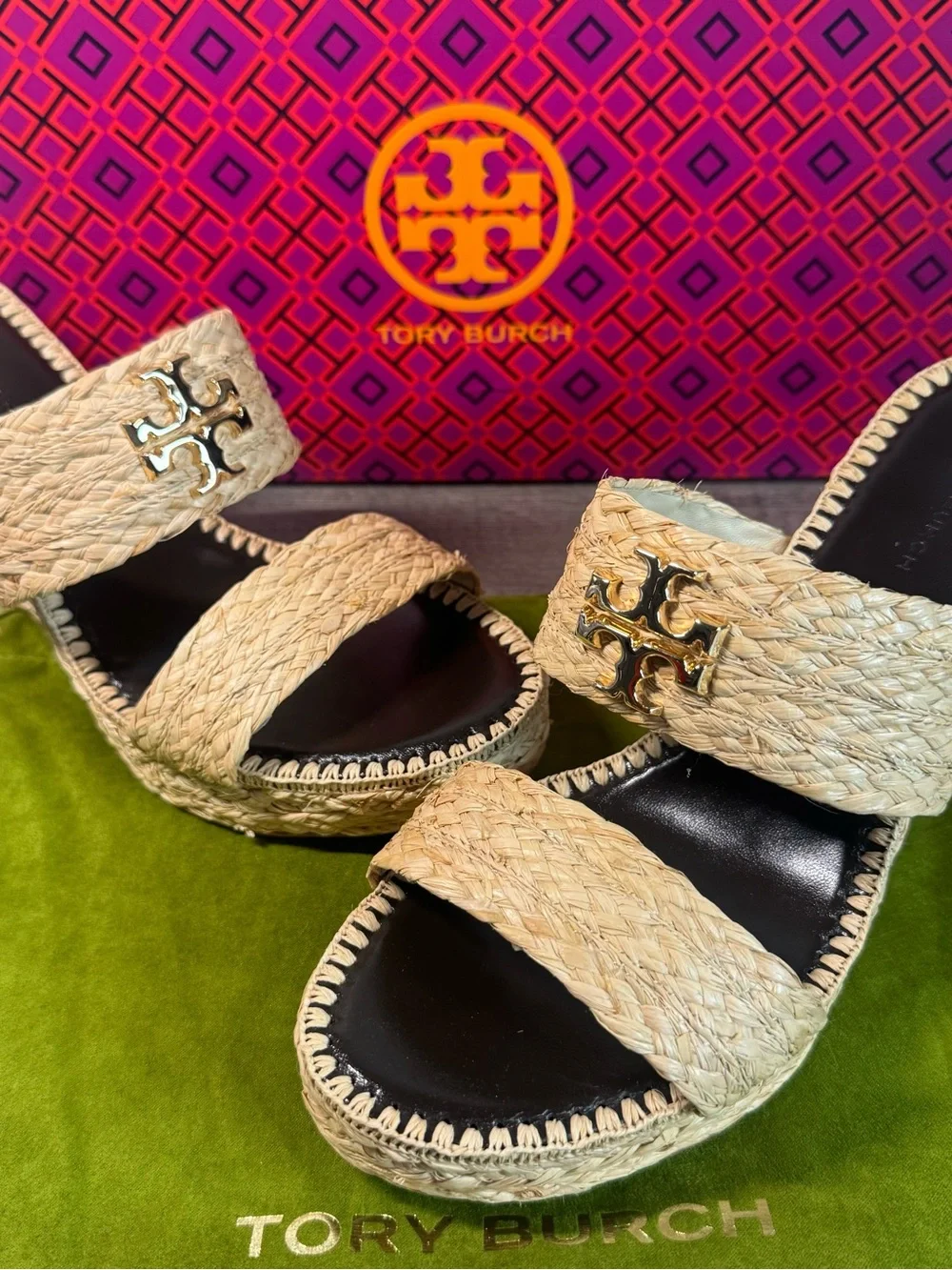 Tory Burch Everly Raffia Wedge Slide Sandals size 7 $320 EUC